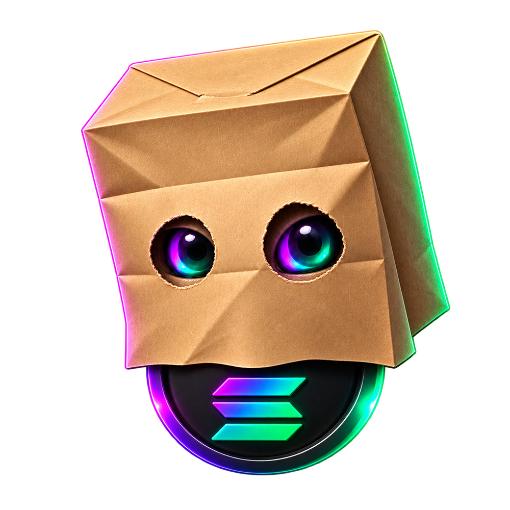 A neon-eyed character wearing a cardboard anonymity mask